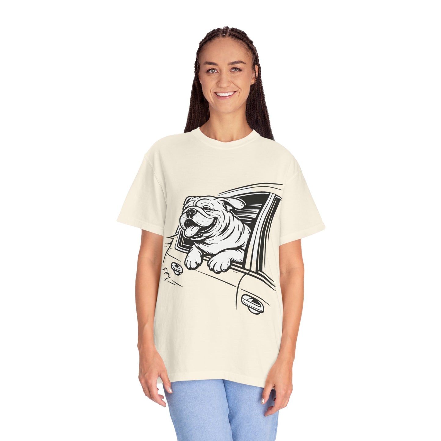 Bulldog Head Out Car Window T-Shirt — Cute Driving Dog Tee