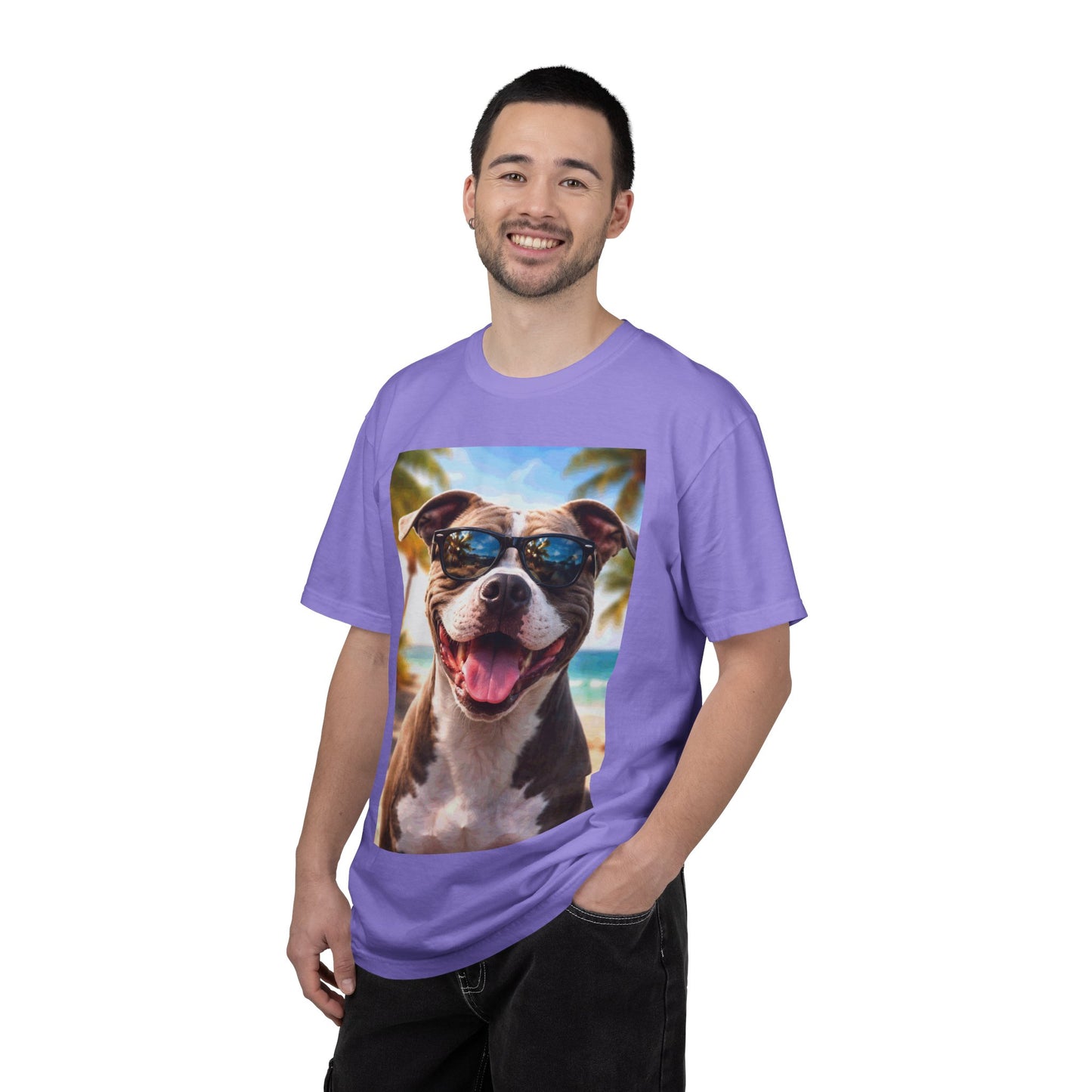 Happy Dog in Sunglasses T-Shirt — Summer Beach Pitbull Graphic Tee