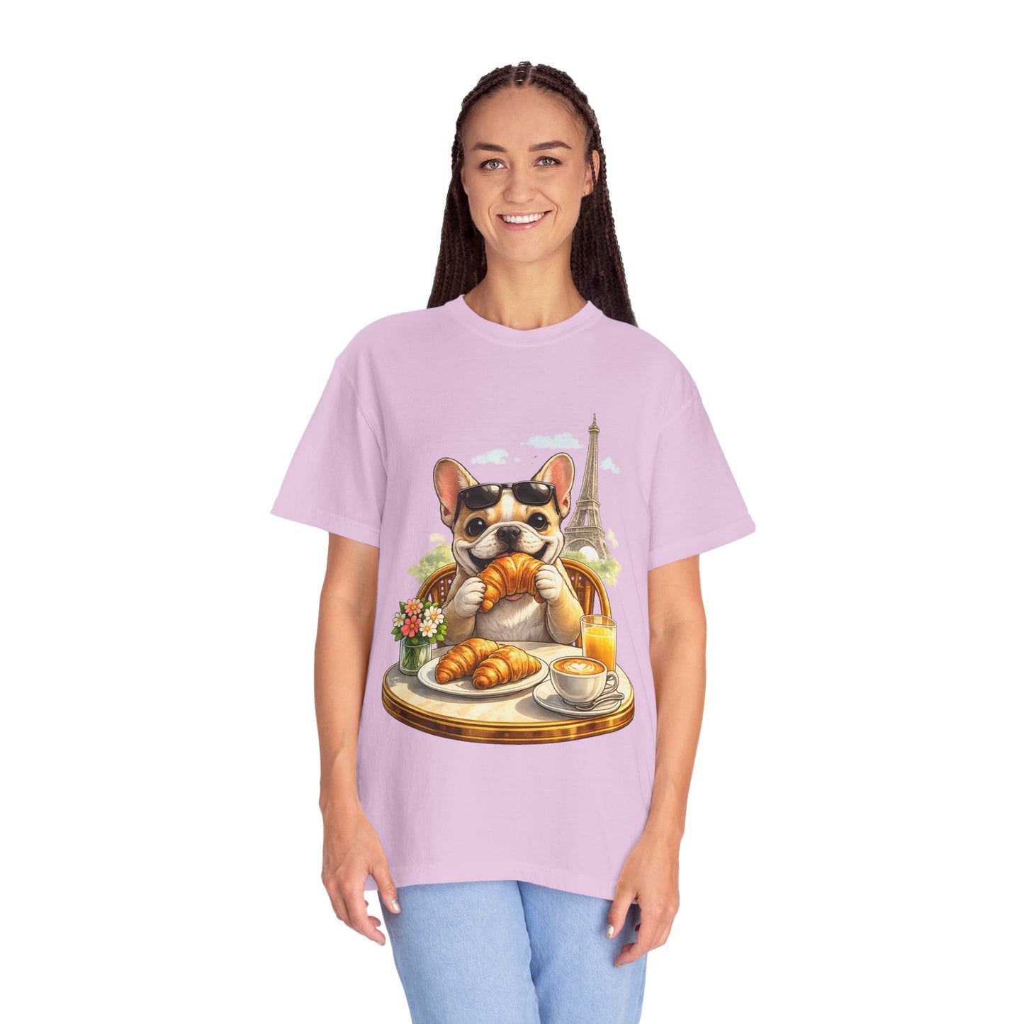 French Bulldog Breakfast T-Shirt — Croissant Café Tee with Eiffel Tower