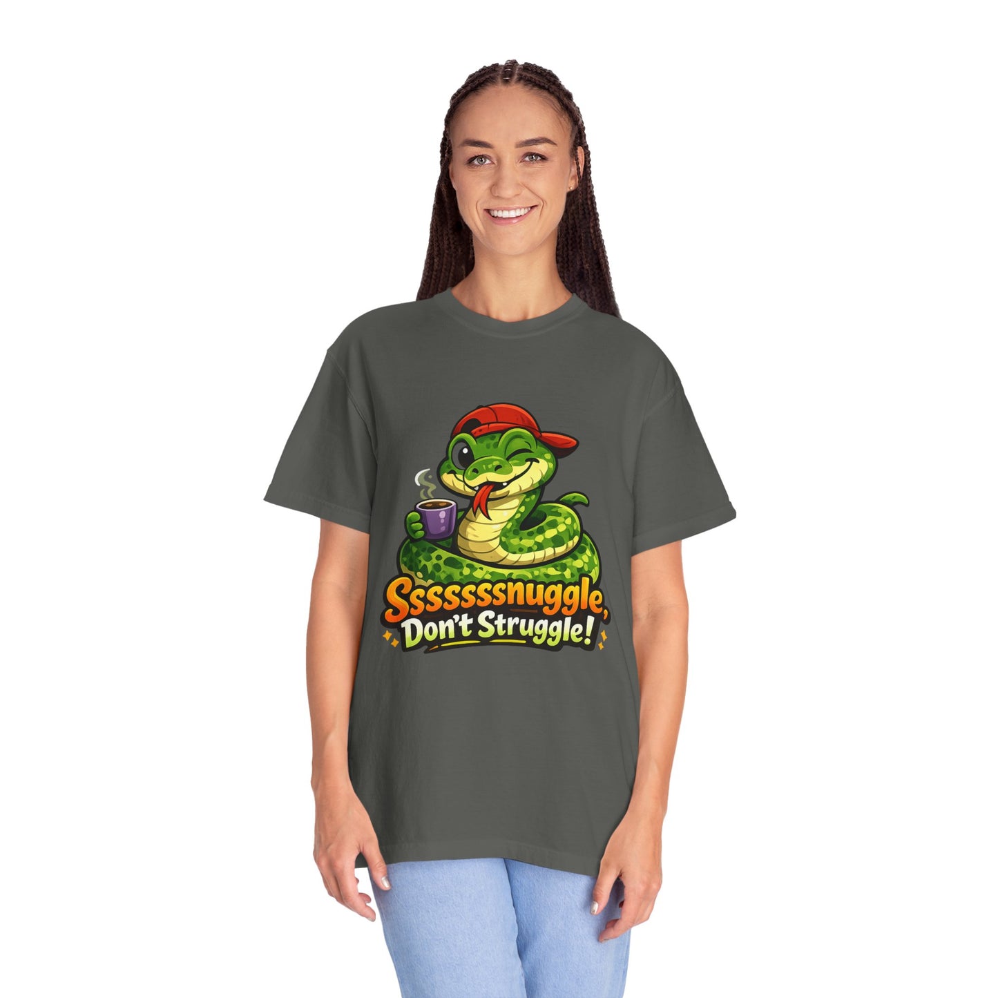 Ssssnuggle Snake T-Shirt — "Ssssssnnuggle, Don't Struggle!" Cute Cozy Snake Graphic Tee