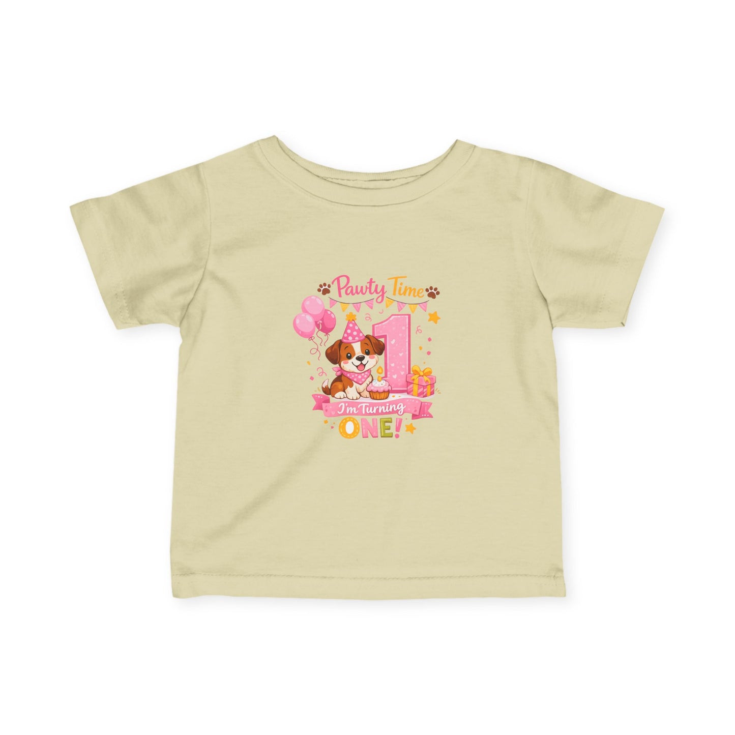 Girls First Birthday Infant Tee — "Party Time One!" Pink Puppy 1st Birthday Shirt