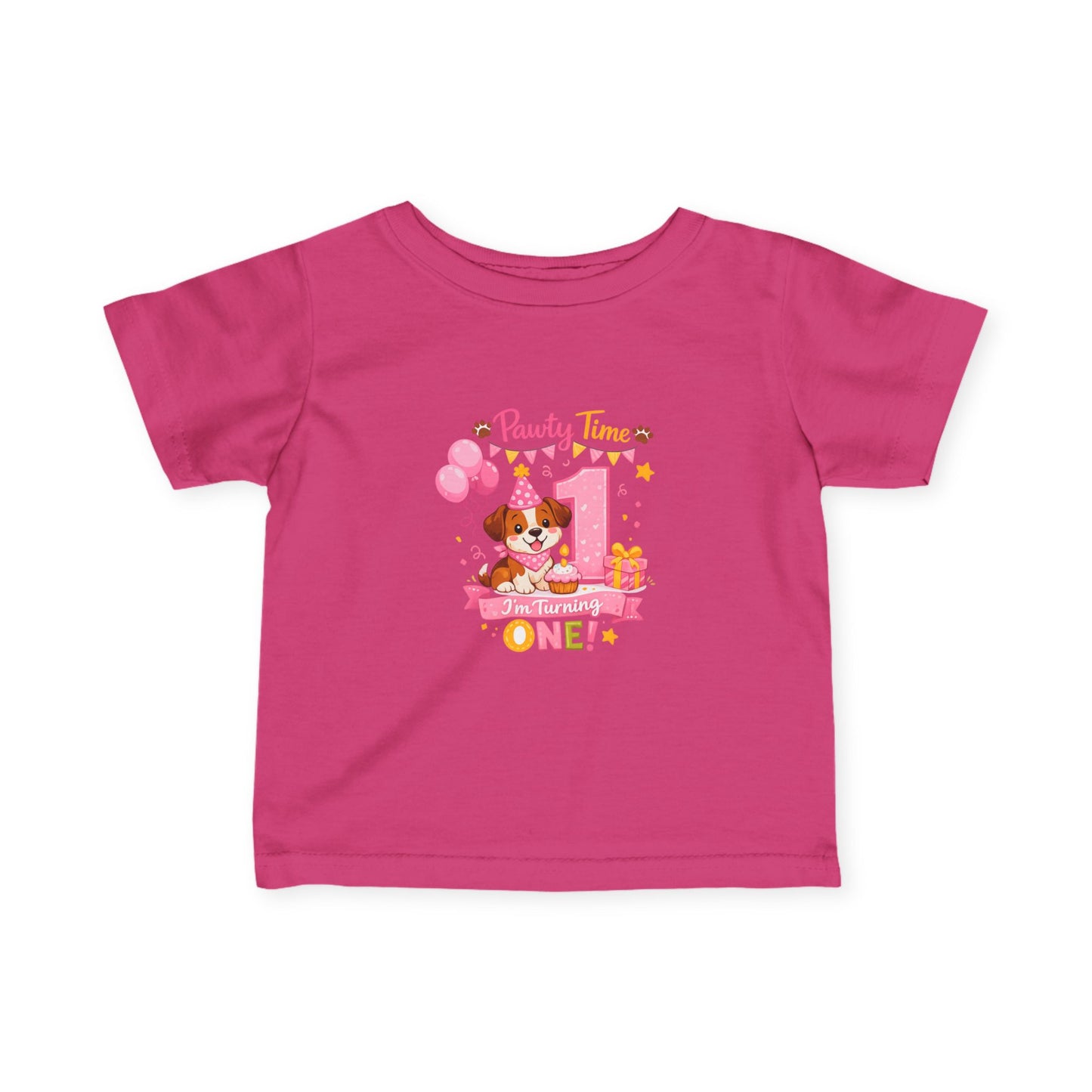 Girls First Birthday Infant Tee — "Party Time One!" Pink Puppy 1st Birthday Shirt