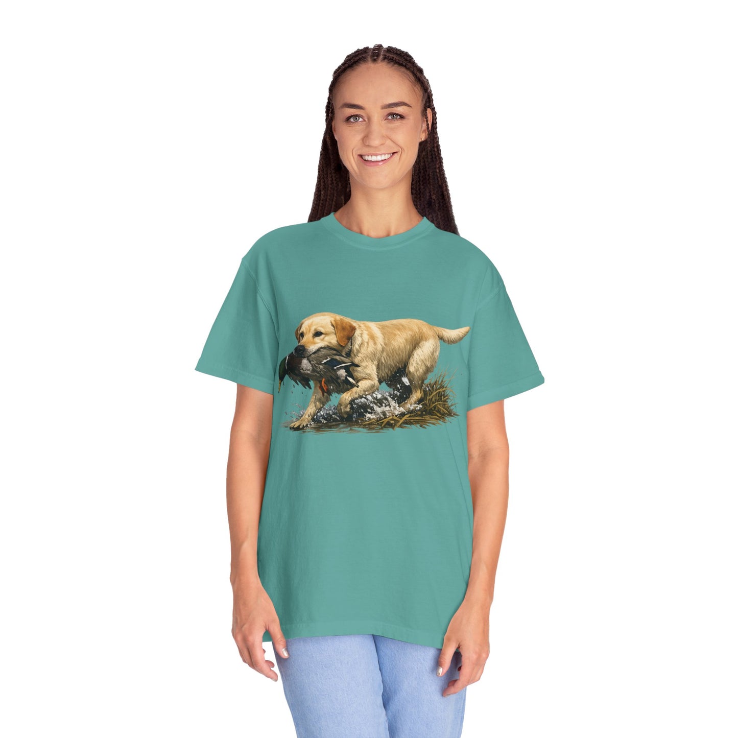 Labrador Retriever Hunting Dog T-Shirt — Yellow Lab with Duck Graphic