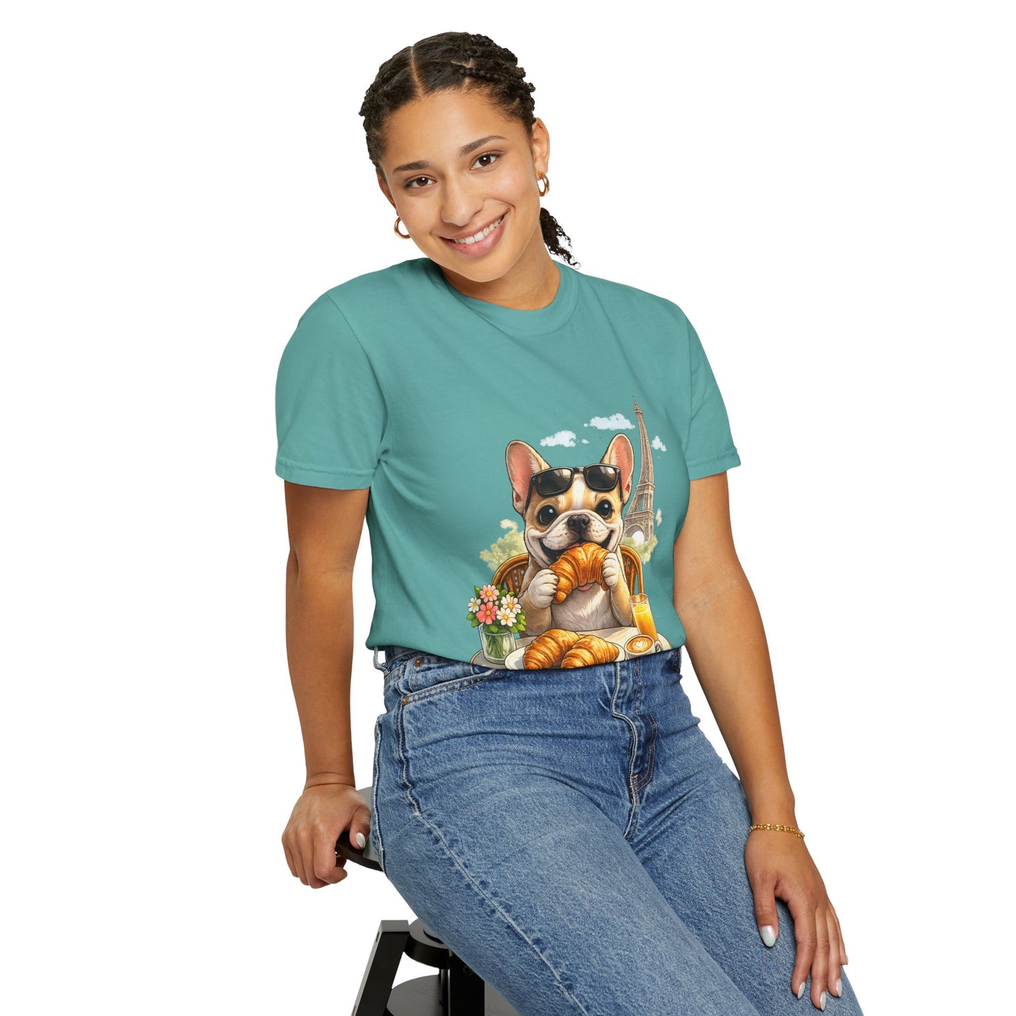 French Bulldog Breakfast T-Shirt — Croissant Café Tee with Eiffel Tower