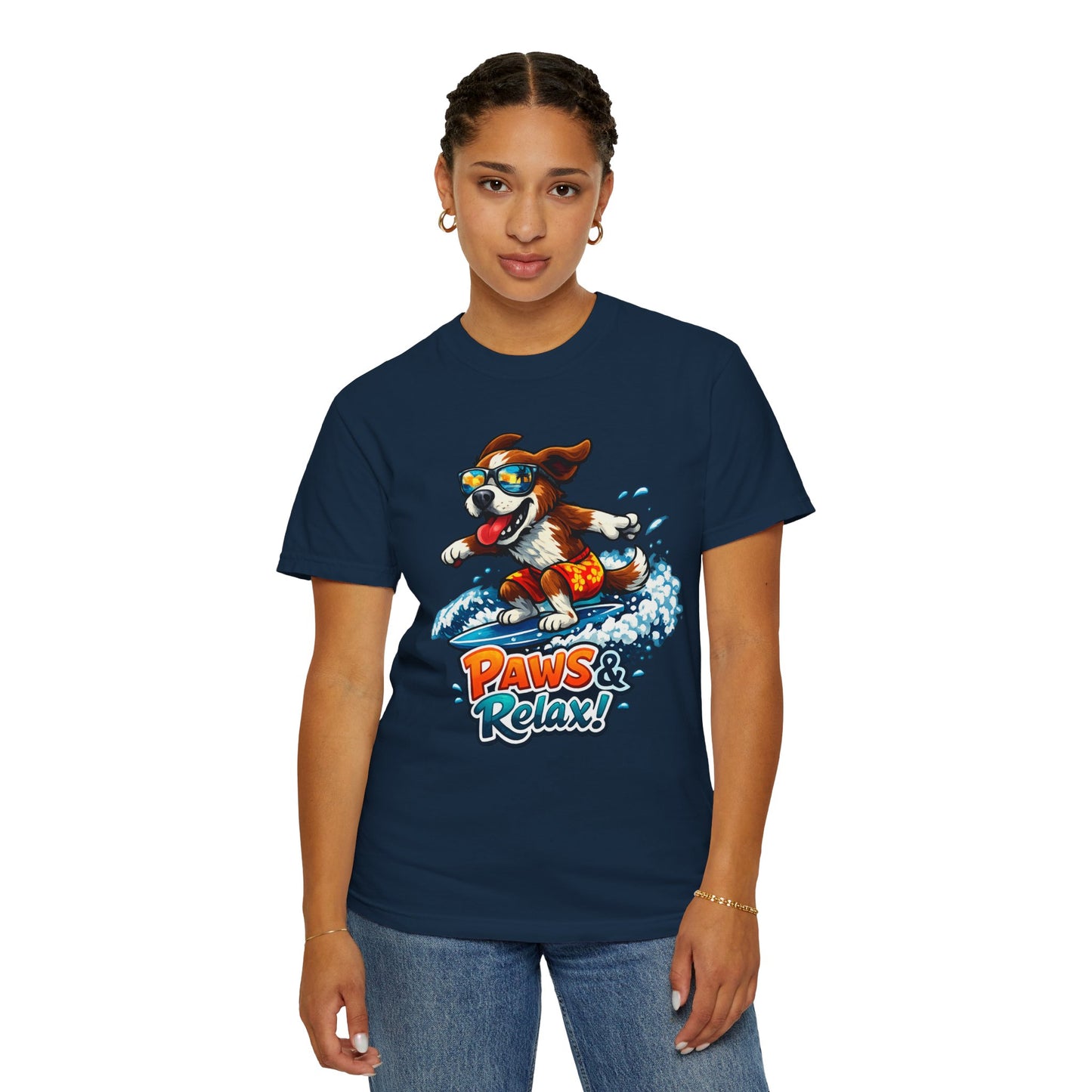 Surfing Dog T-Shirt — "Paws & Relax" Graphic Tee