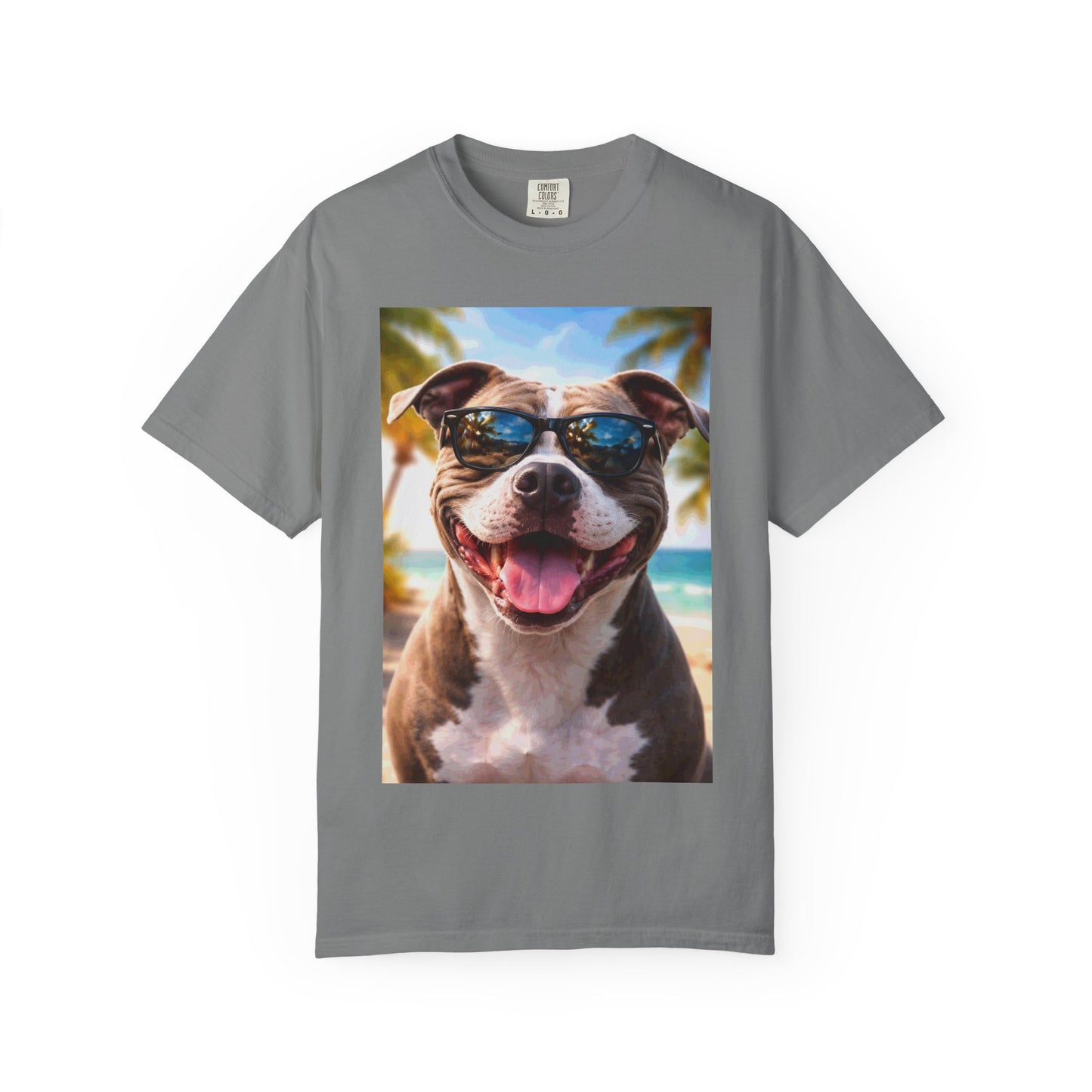 Happy Dog in Sunglasses T-Shirt — Summer Beach Pitbull Graphic Tee