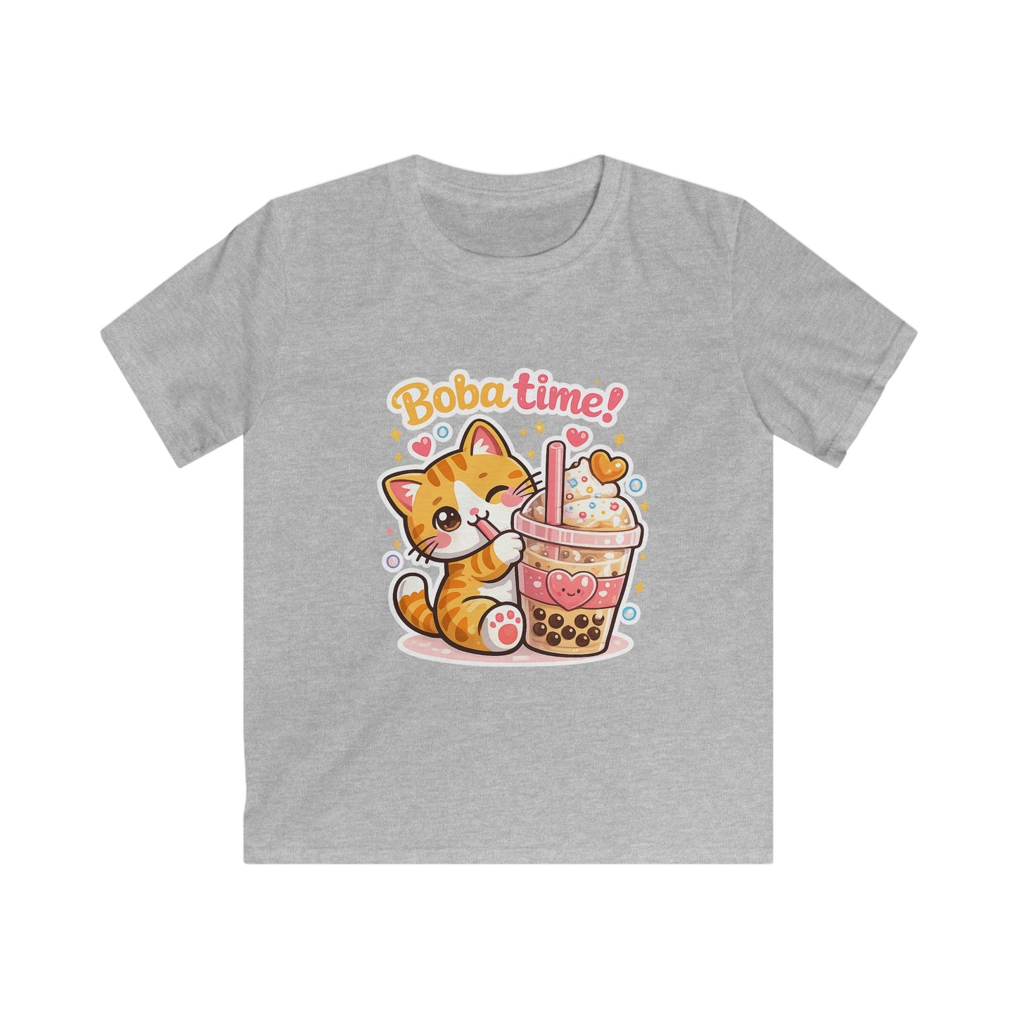 Cute Cat Drinking Boba-Kids Softstyle Tee