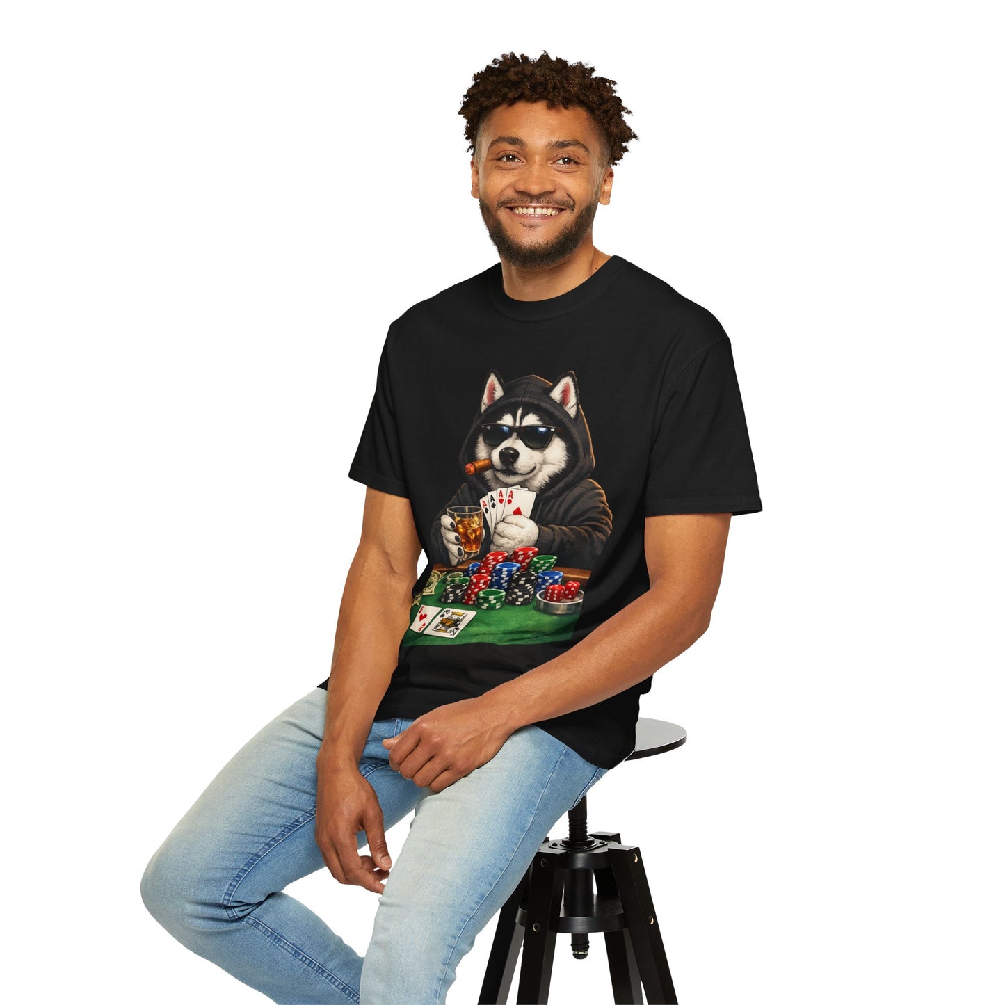 Poker Husky T-Shirt — Dog Playing Cards & Chips Graphic Tee