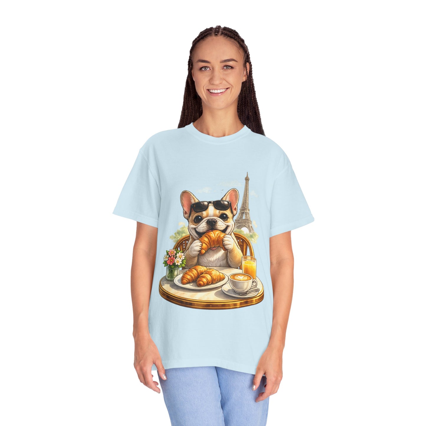 French Bulldog Breakfast T-Shirt — Croissant Café Tee with Eiffel Tower