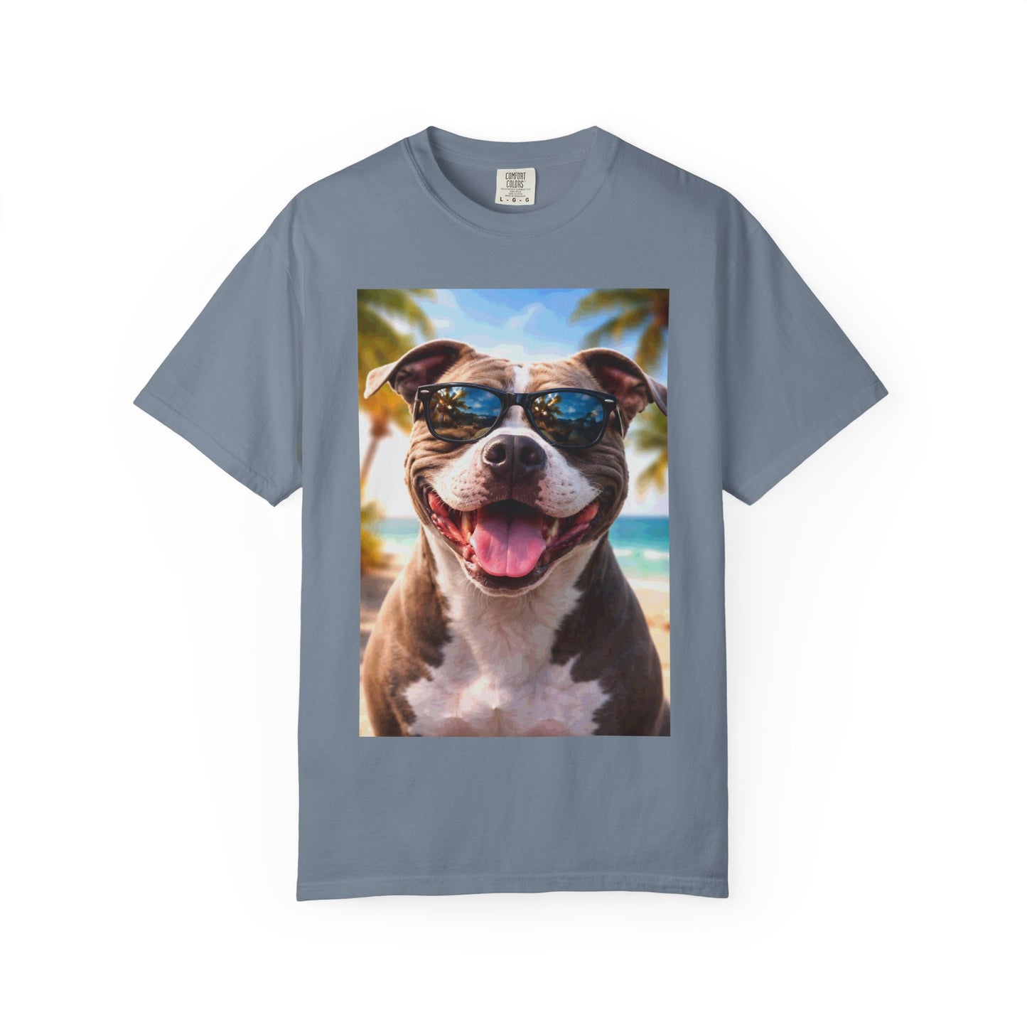 Happy Dog in Sunglasses T-Shirt — Summer Beach Pitbull Graphic Tee