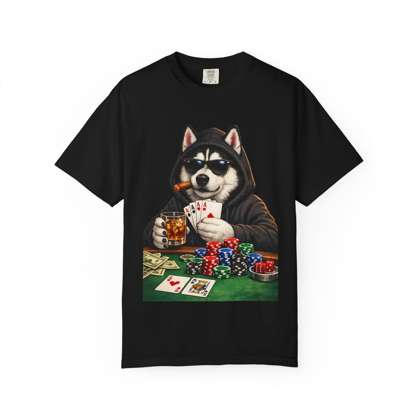 Poker Husky T-Shirt — Dog Playing Cards & Chips Graphic Tee