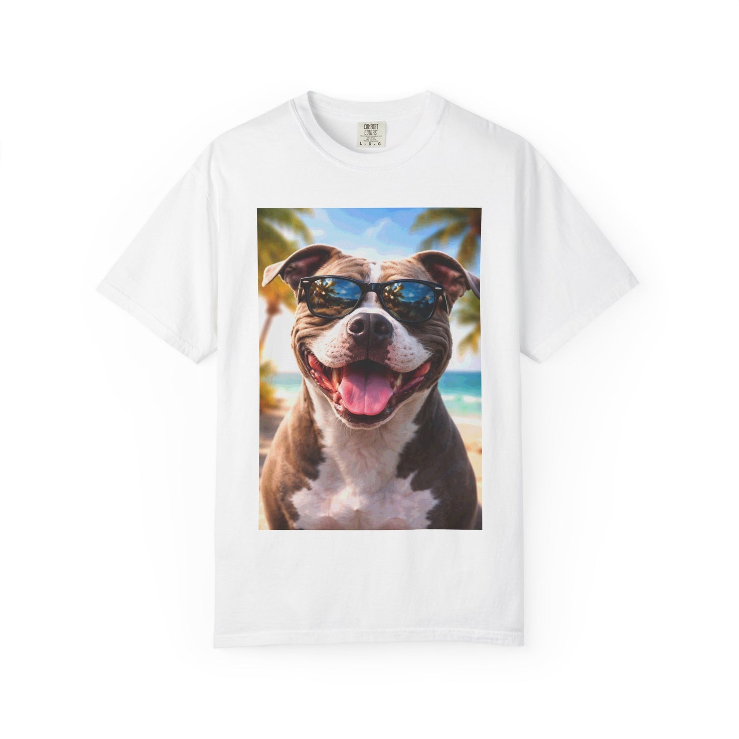 Happy Dog in Sunglasses T-Shirt — Summer Beach Pitbull Graphic Tee
