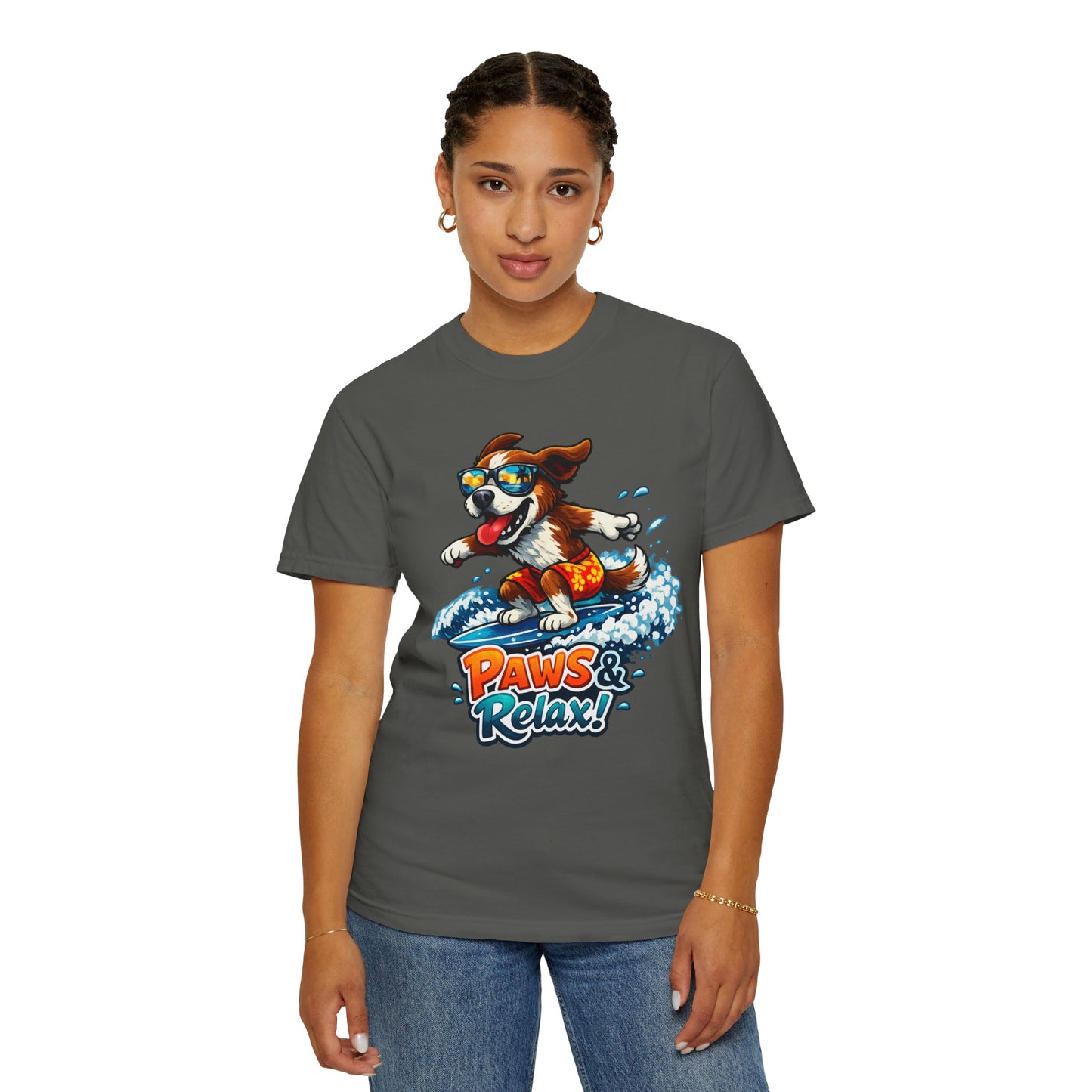 Surfing Dog T-Shirt — "Paws & Relax" Graphic Tee
