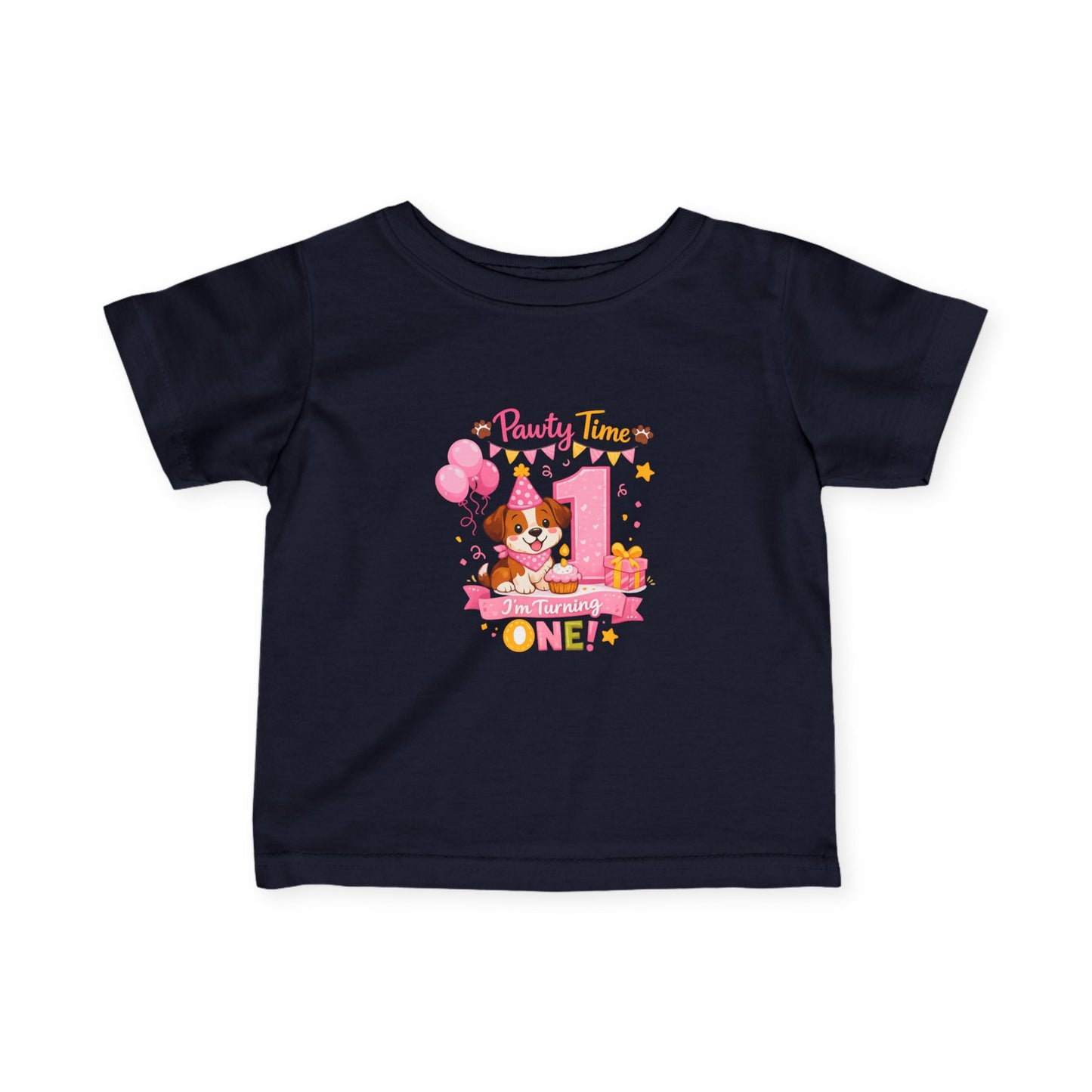 Girls First Birthday Infant Tee — "Party Time One!" Pink Puppy 1st Birthday Shirt