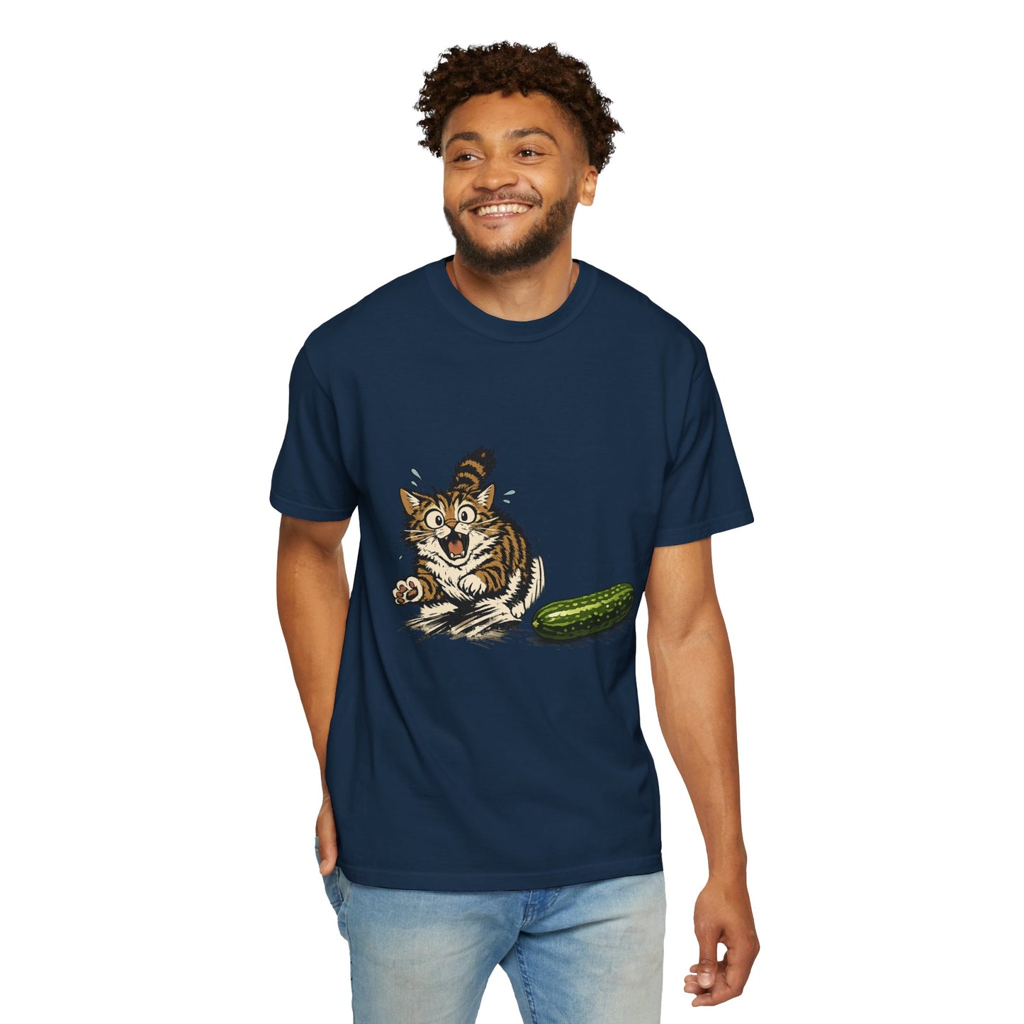 Cat and Cucumber Fear Graphic T-Shirt — Surprised Kitten with Cucumber Illustration