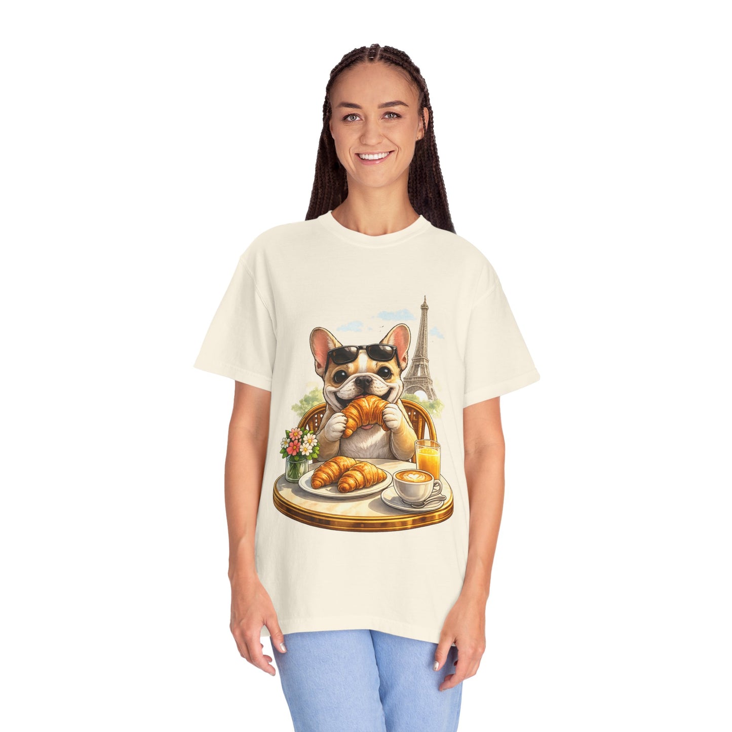 French Bulldog Breakfast T-Shirt — Croissant Café Tee with Eiffel Tower