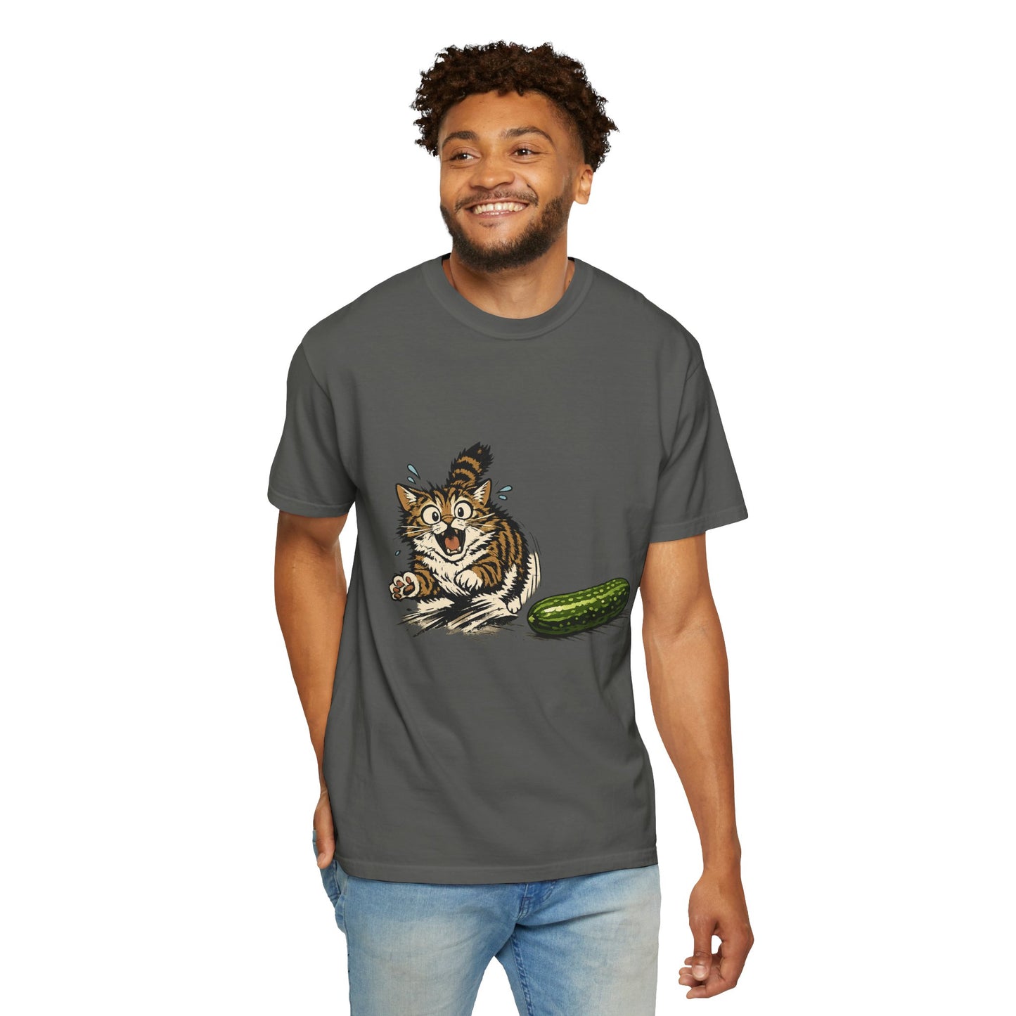 Cat and Cucumber Fear Graphic T-Shirt — Surprised Kitten with Cucumber Illustration