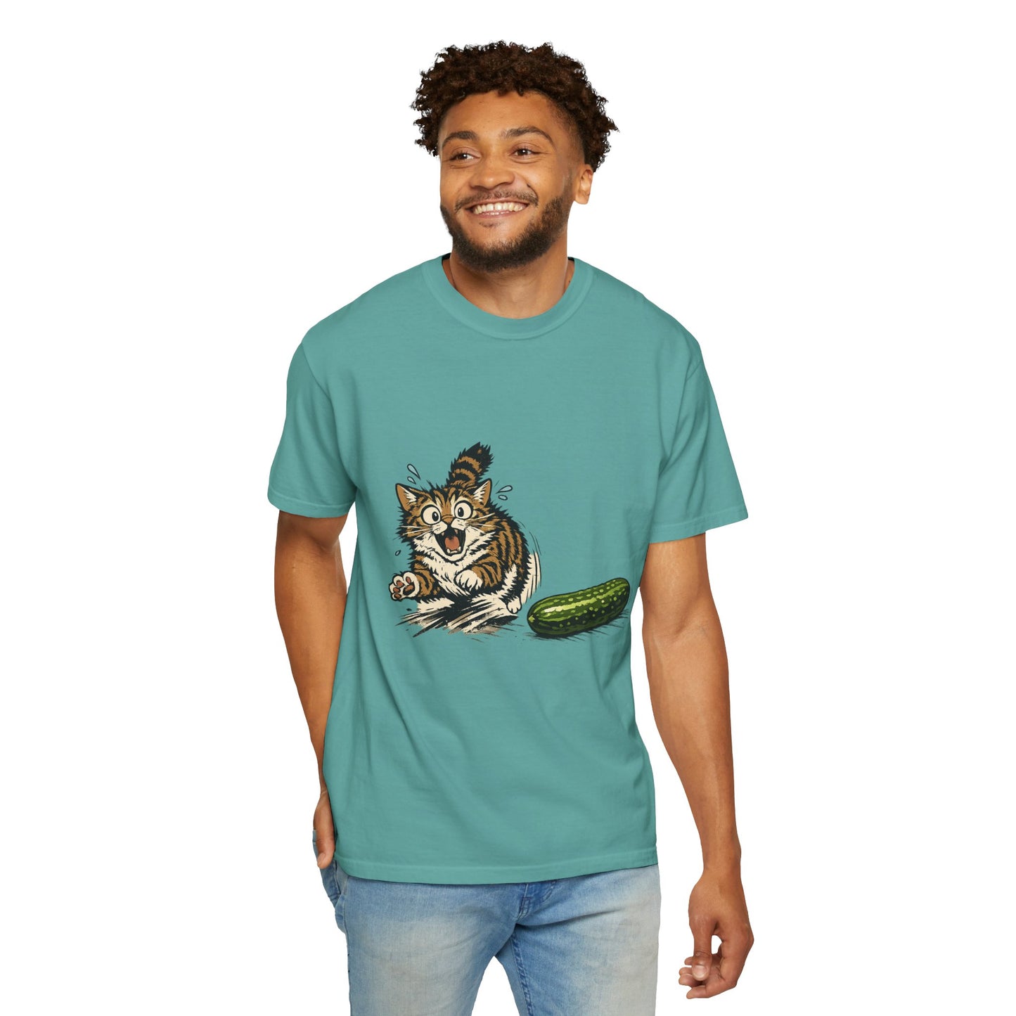 Cat and Cucumber Fear Graphic T-Shirt — Surprised Kitten with Cucumber Illustration