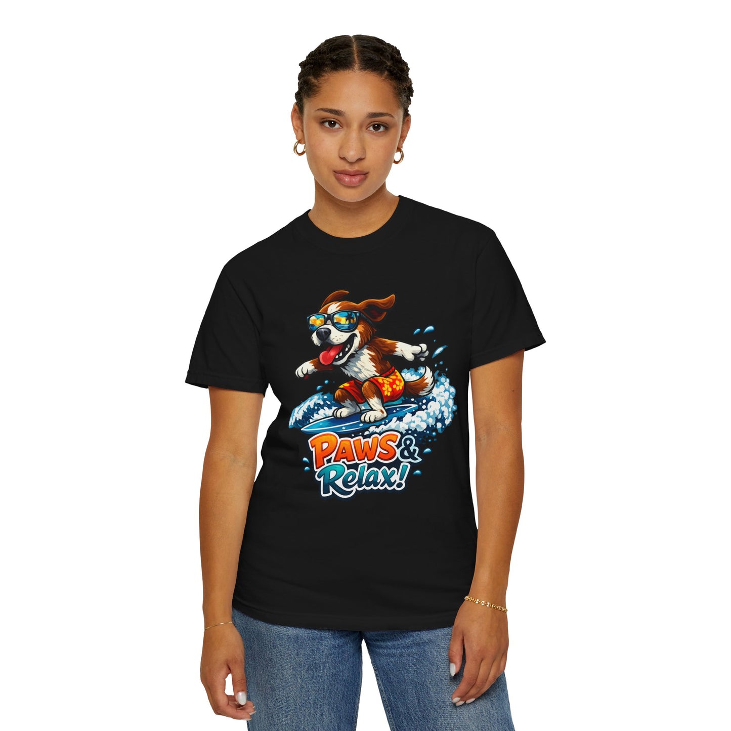 Surfing Dog T-Shirt — "Paws & Relax" Graphic Tee