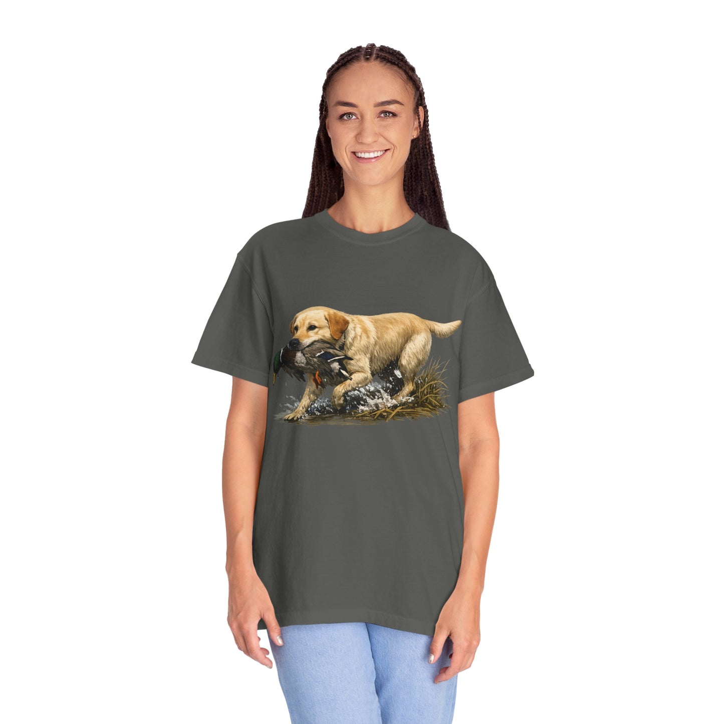 Labrador Retriever Hunting Dog T-Shirt — Yellow Lab with Duck Graphic