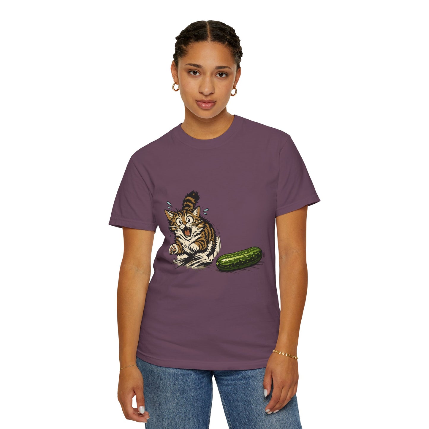 Cat and Cucumber Fear Graphic T-Shirt — Surprised Kitten with Cucumber Illustration