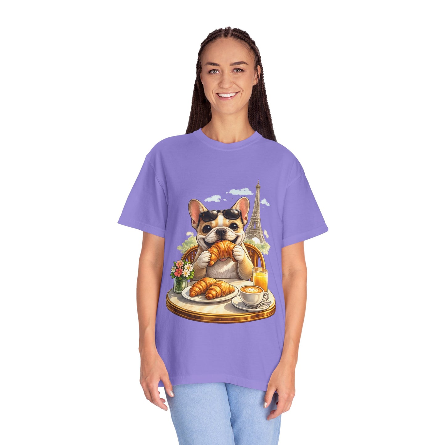 French Bulldog Breakfast T-Shirt — Croissant Café Tee with Eiffel Tower