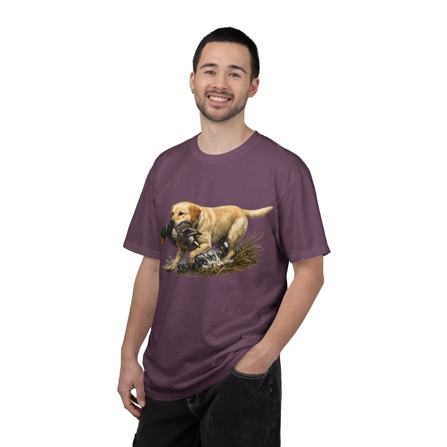 Labrador Retriever Hunting Dog T-Shirt — Yellow Lab with Duck Graphic