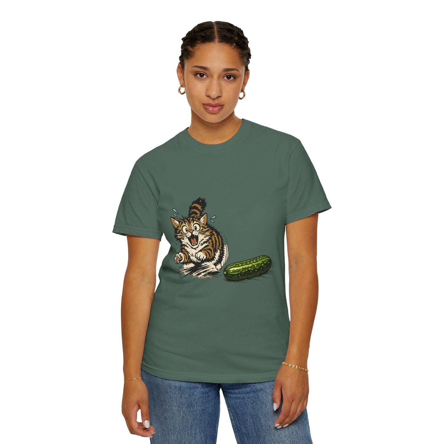 Cat and Cucumber Fear Graphic T-Shirt — Surprised Kitten with Cucumber Illustration