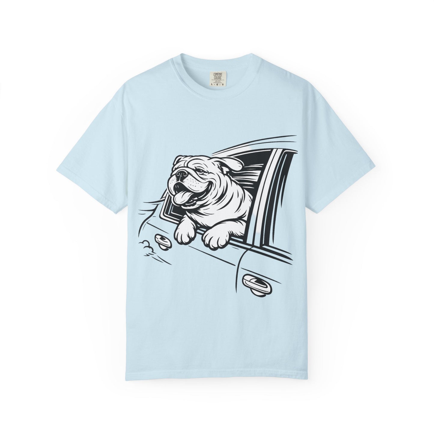 Bulldog Head Out Car Window T-Shirt — Cute Driving Dog Tee
