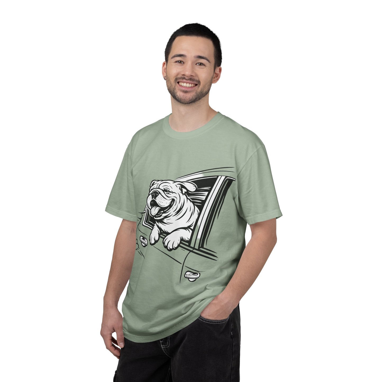 Bulldog Head Out Car Window T-Shirt — Cute Driving Dog Tee
