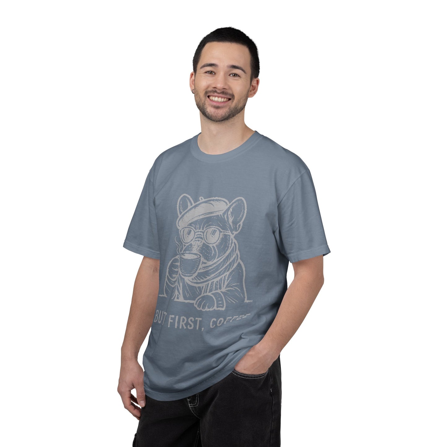But First, Coffee T-Shirt — French Bulldog Drinking Coffee Graphic Tee