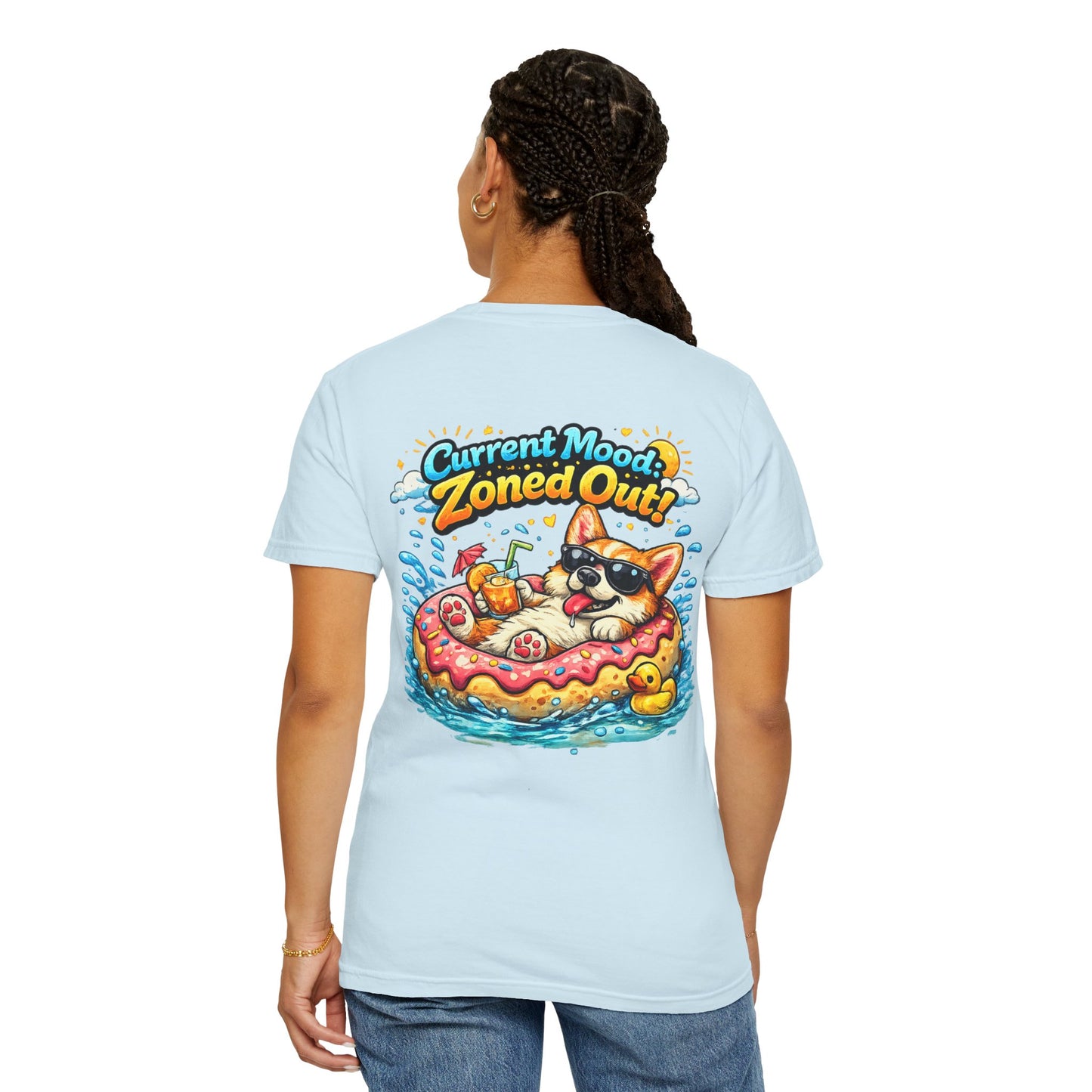 Corgi Float Summer Tee - "Current Mood: Zoned Out" Graphic T-Shirt