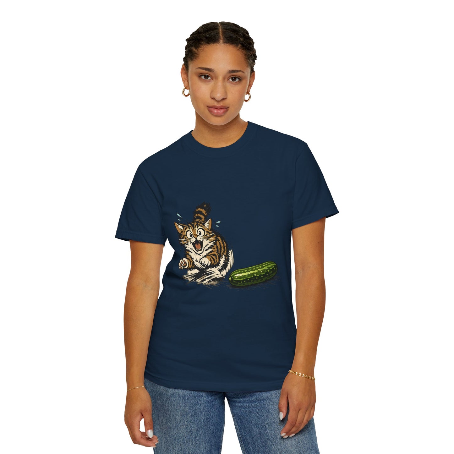 Cat and Cucumber Fear Graphic T-Shirt — Surprised Kitten with Cucumber Illustration