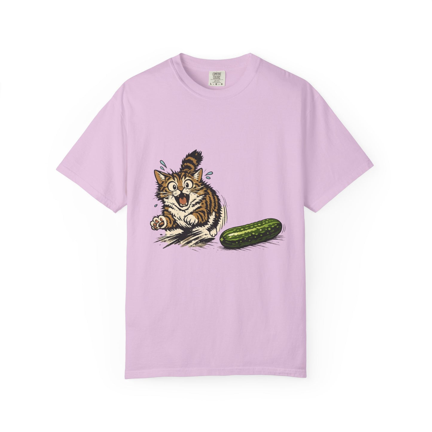 Cat and Cucumber Fear Graphic T-Shirt — Surprised Kitten with Cucumber Illustration