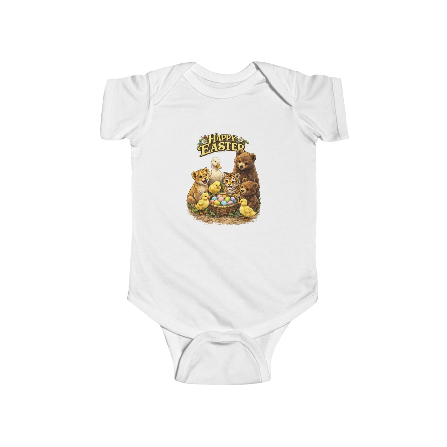 Happy Easter Baby Bodysuit — Cute Bear & Chicks "Happy Easter" Infant Onesie