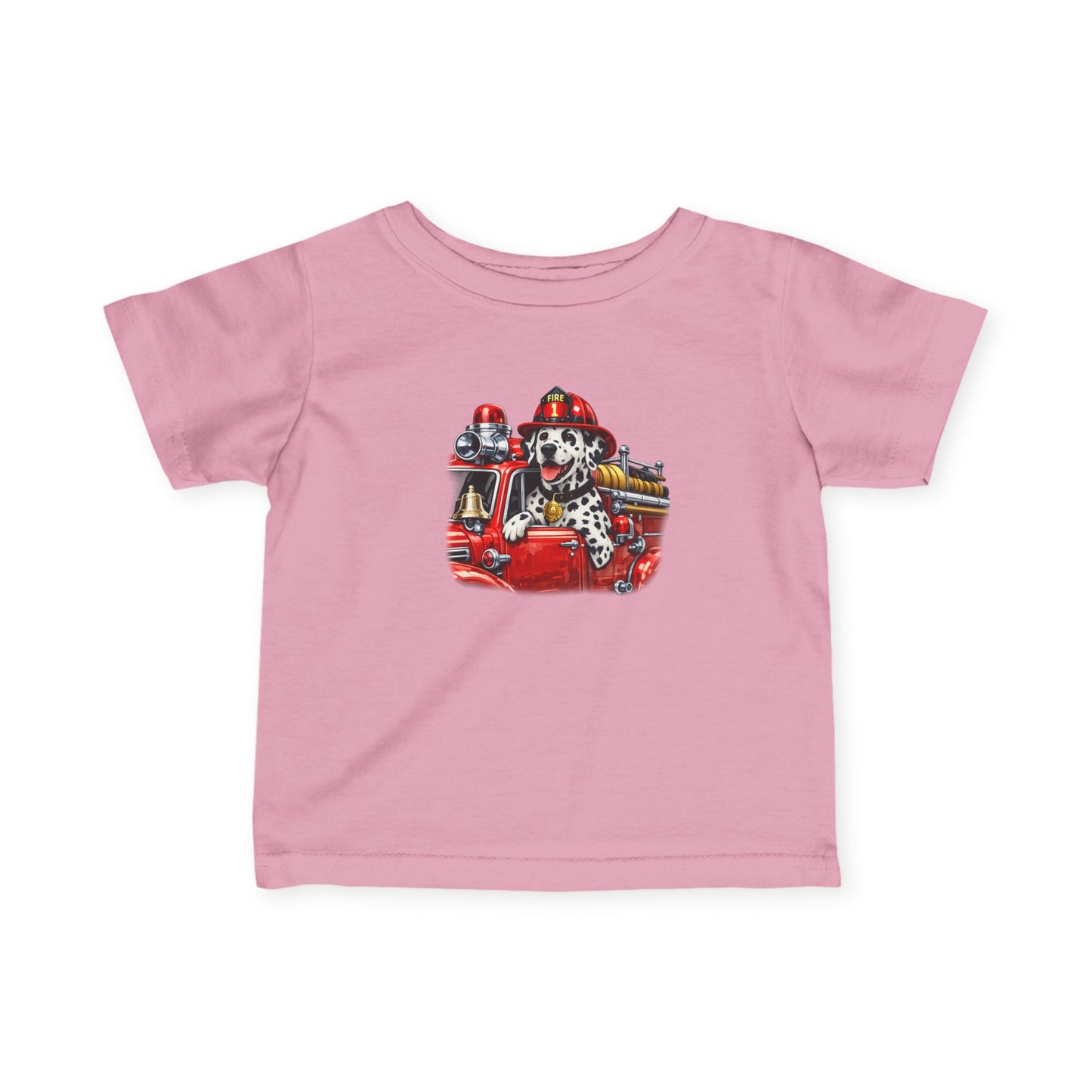 Infant Tee — Dalmatian Firetruck Baby Shirt (Firefighter Puppy Design)