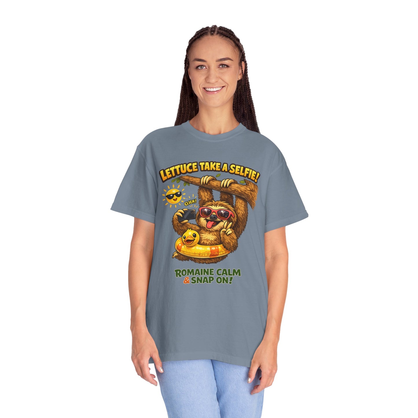 Romaine Calm & Snap On T-Shirt — 'Lettuce Take a Selfie' Sloth Graphic Tee