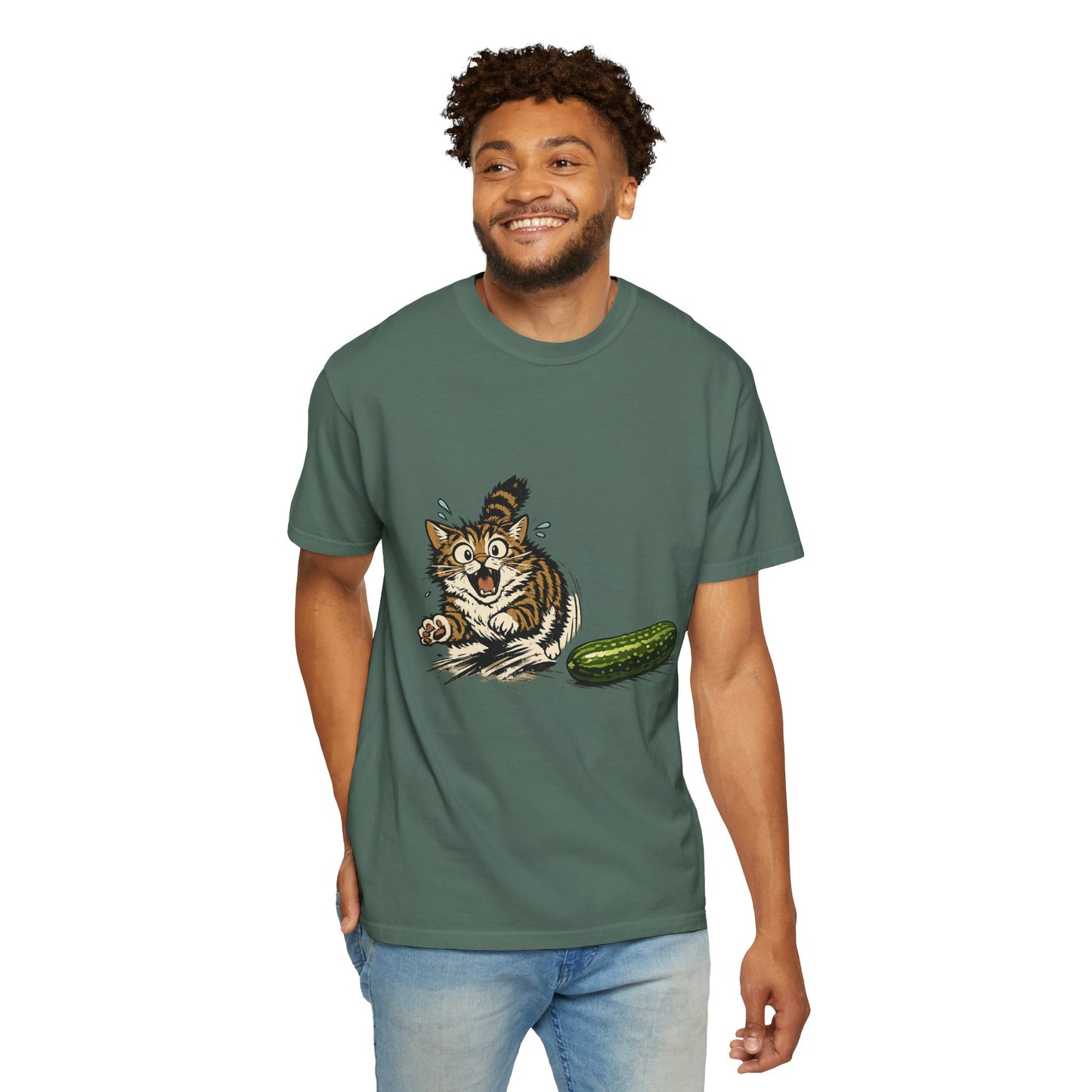 Cat and Cucumber Fear Graphic T-Shirt — Surprised Kitten with Cucumber Illustration