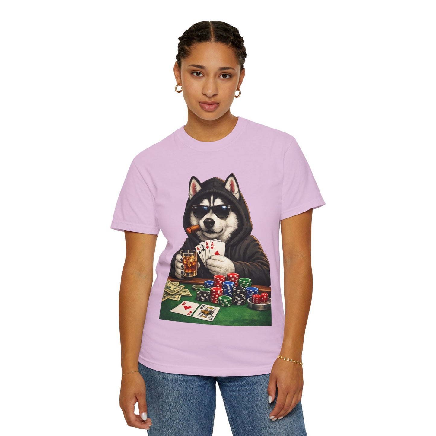 Poker Husky T-Shirt — Dog Playing Cards & Chips Graphic Tee