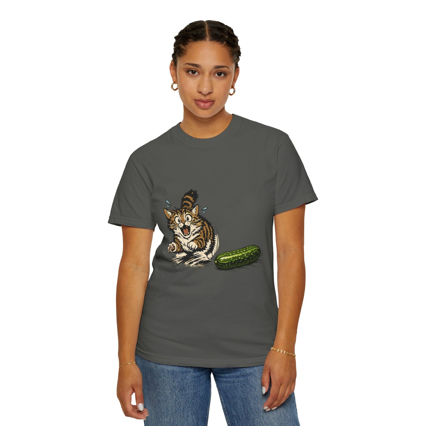 Cat and Cucumber Fear Graphic T-Shirt — Surprised Kitten with Cucumber Illustration