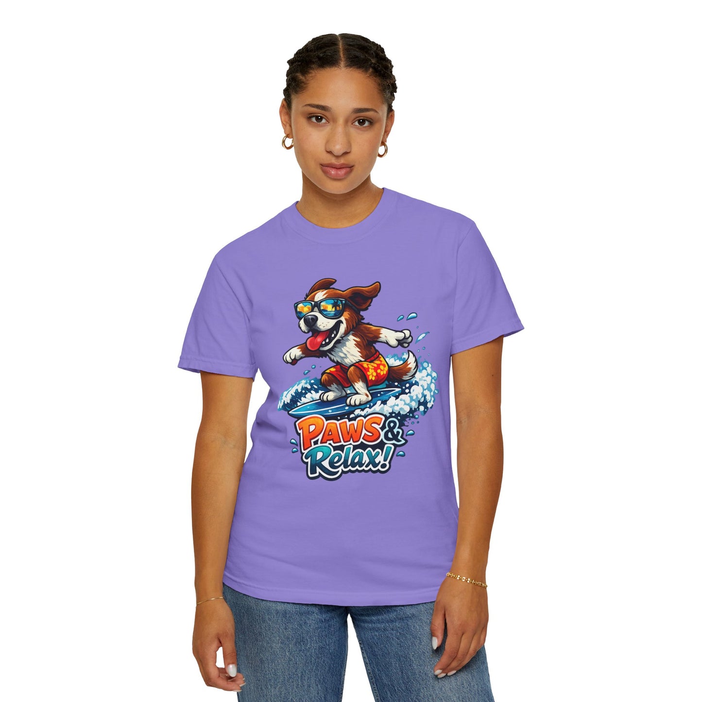 Surfing Dog T-Shirt — "Paws & Relax" Graphic Tee