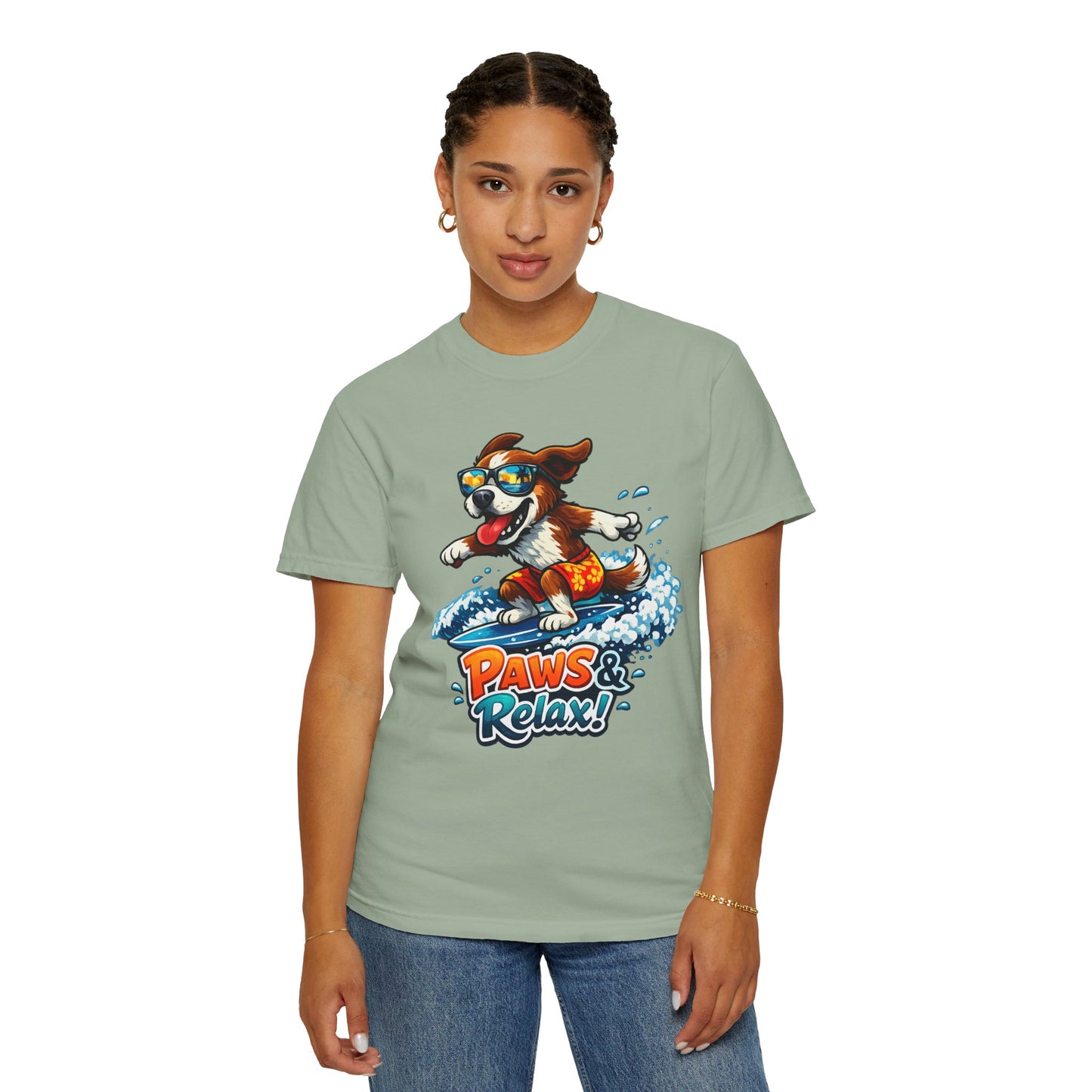 Surfing Dog T-Shirt — "Paws & Relax" Graphic Tee