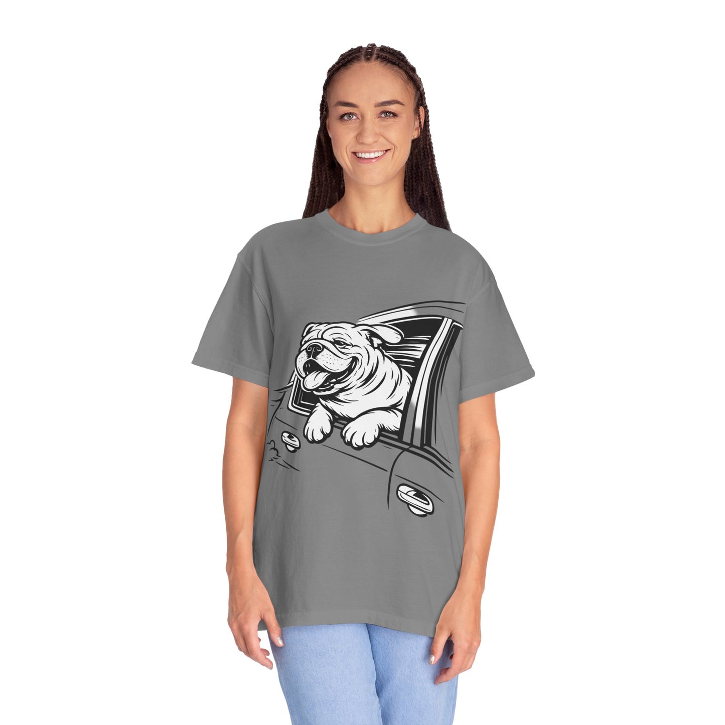 Bulldog Head Out Car Window T-Shirt — Cute Driving Dog Tee