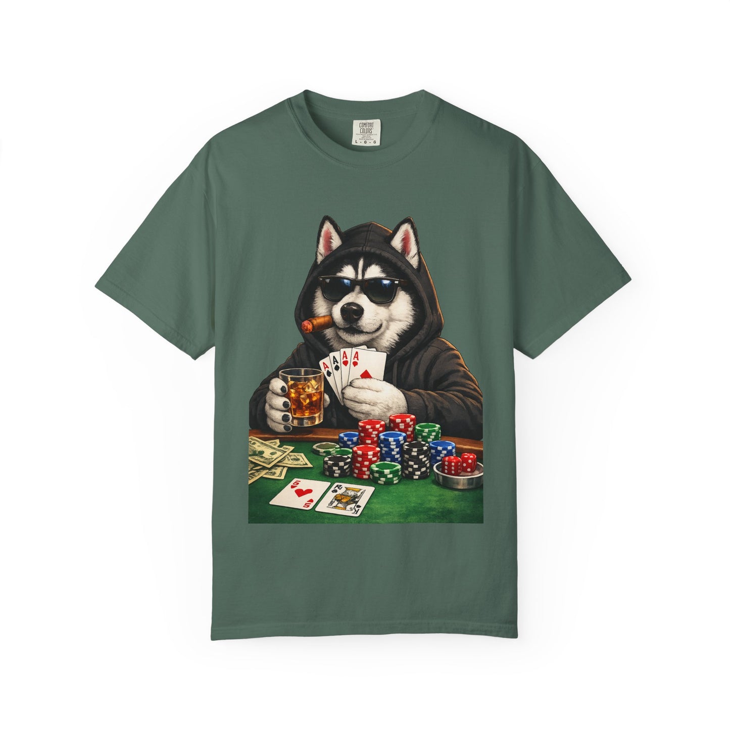 Poker Husky T-Shirt — Dog Playing Cards & Chips Graphic Tee