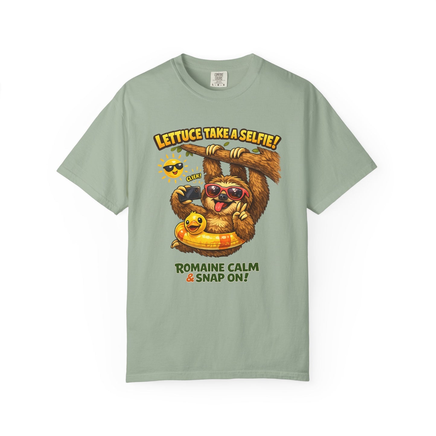 Romaine Calm & Snap On T-Shirt — 'Lettuce Take a Selfie' Sloth Graphic Tee