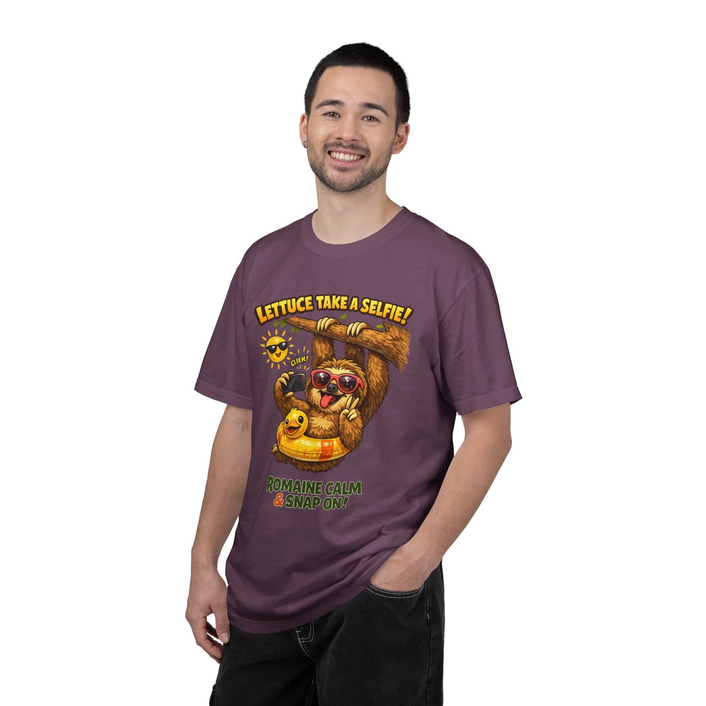 Romaine Calm & Snap On T-Shirt — 'Lettuce Take a Selfie' Sloth Graphic Tee
