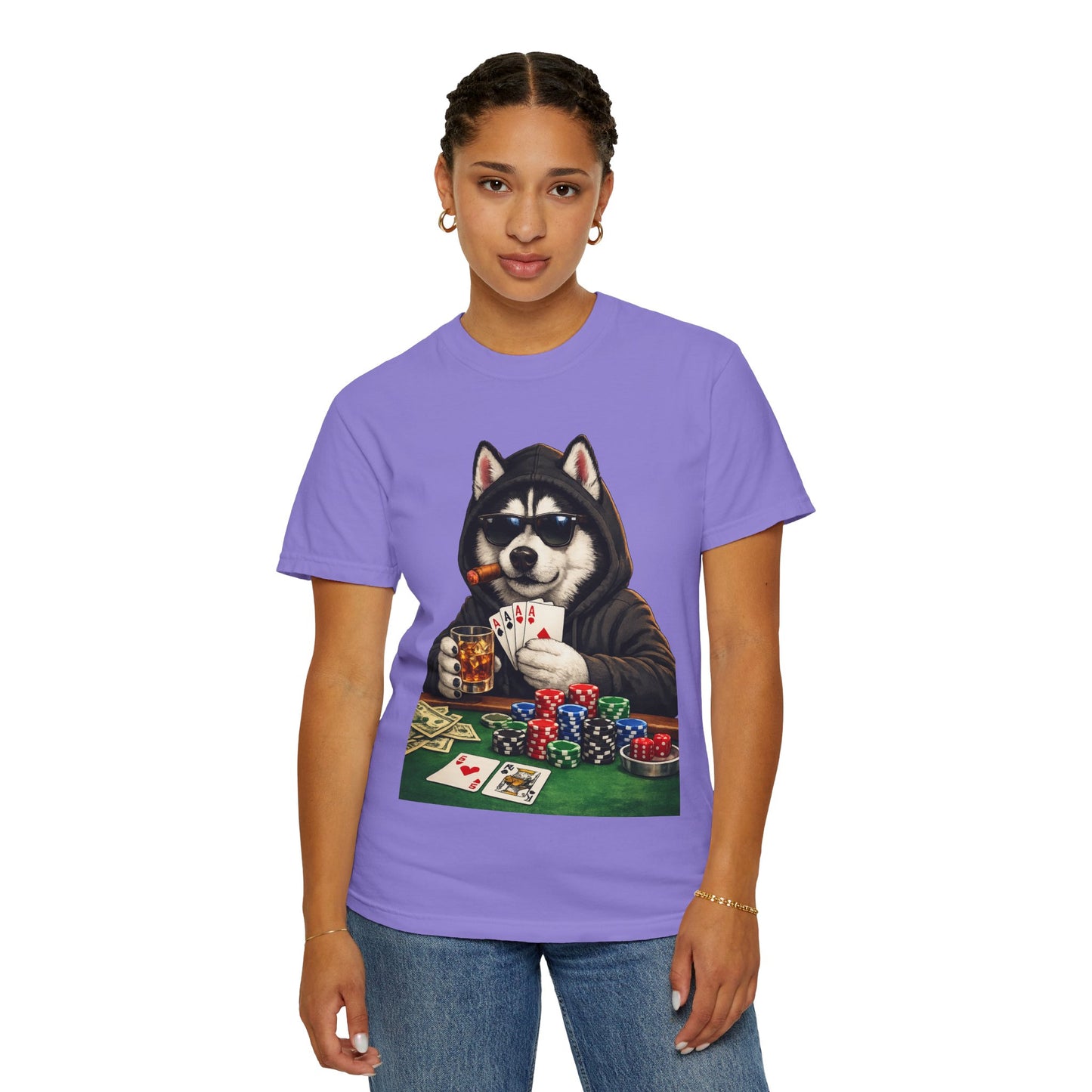 Poker Husky T-Shirt — Dog Playing Cards & Chips Graphic Tee