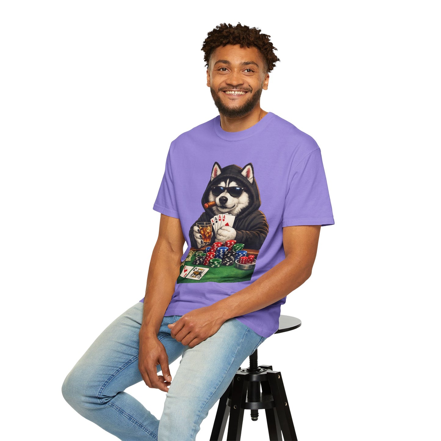 Poker Husky T-Shirt — Dog Playing Cards & Chips Graphic Tee
