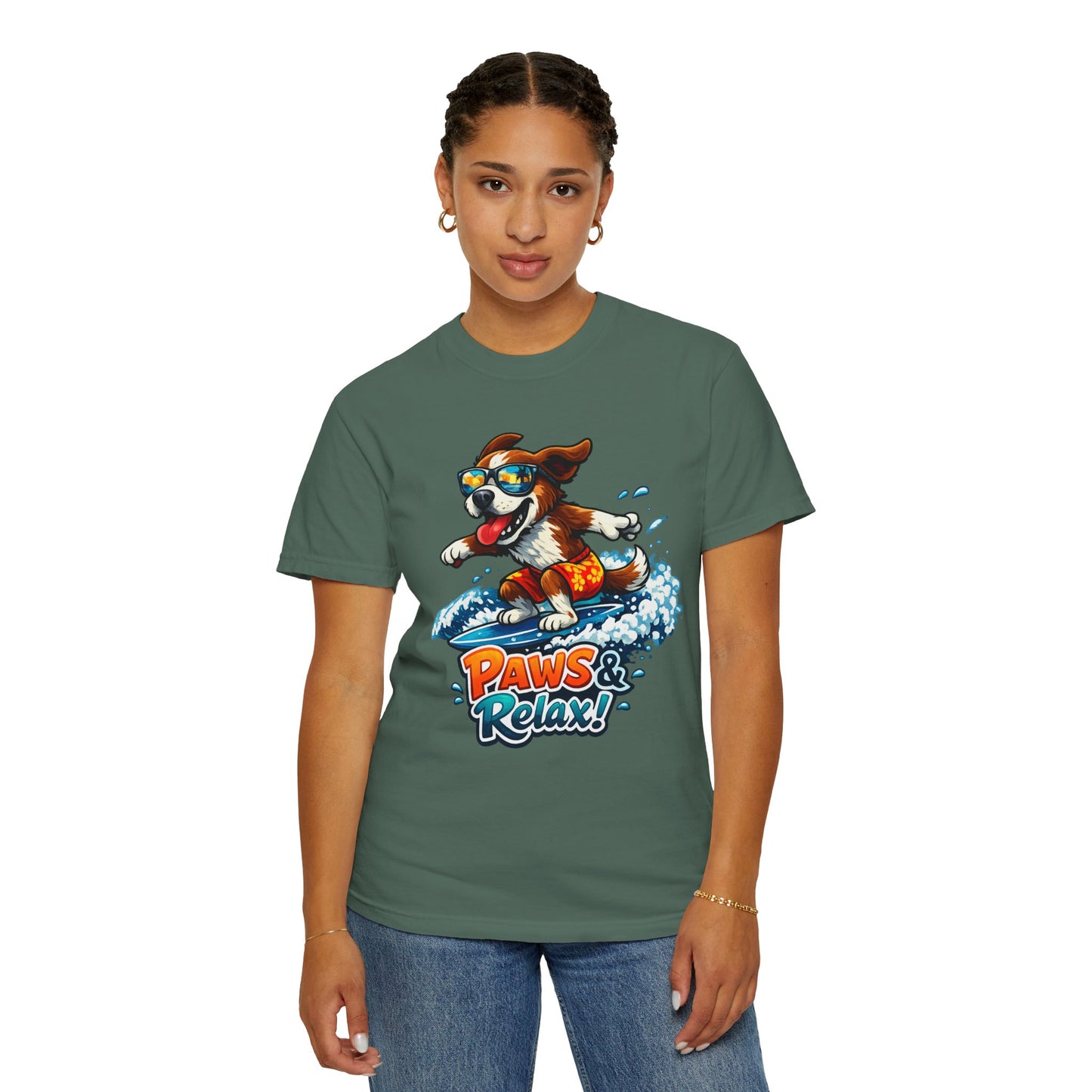 Surfing Dog T-Shirt — "Paws & Relax" Graphic Tee