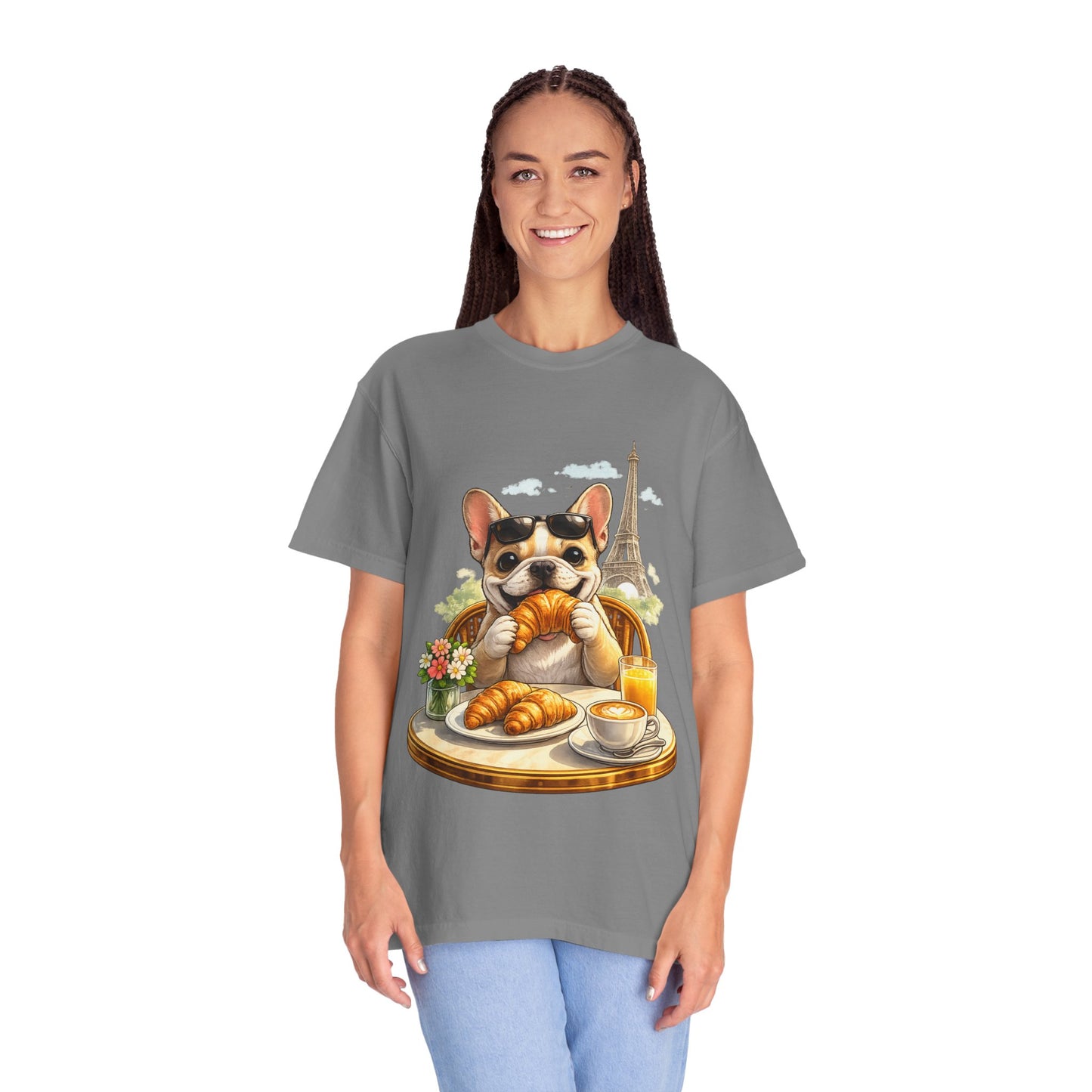 French Bulldog Breakfast T-Shirt — Croissant Café Tee with Eiffel Tower